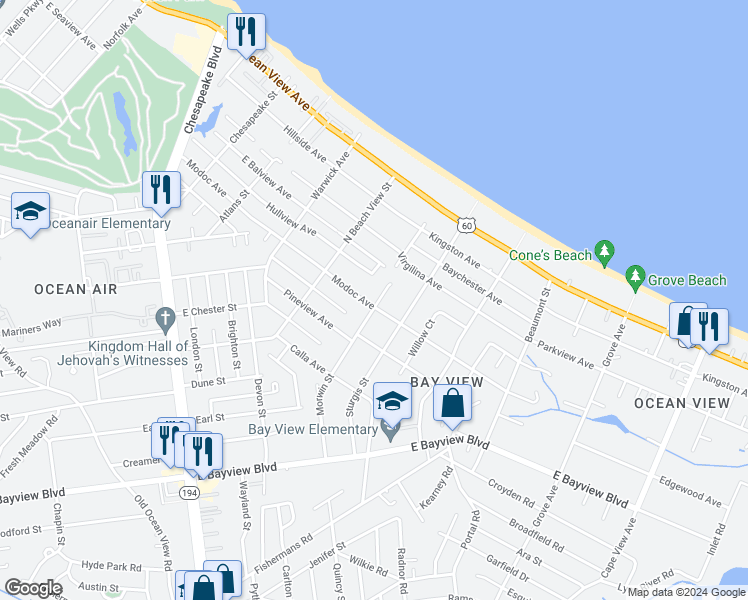 map of restaurants, bars, coffee shops, grocery stores, and more near 1356 Modoc Avenue in Norfolk
