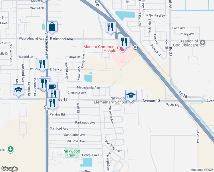 map of restaurants, bars, coffee shops, grocery stores, and more near 865 Macadamia Avenue in Madera