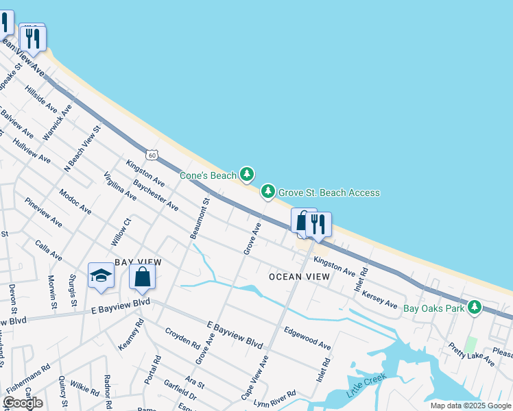 map of restaurants, bars, coffee shops, grocery stores, and more near 1800 East Ocean View Avenue in Norfolk