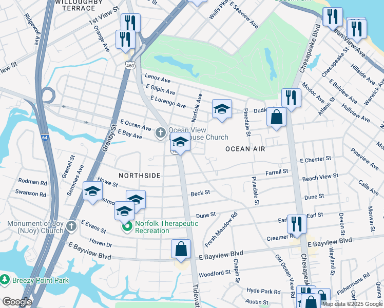 map of restaurants, bars, coffee shops, grocery stores, and more near 401 Warwick Avenue in Norfolk