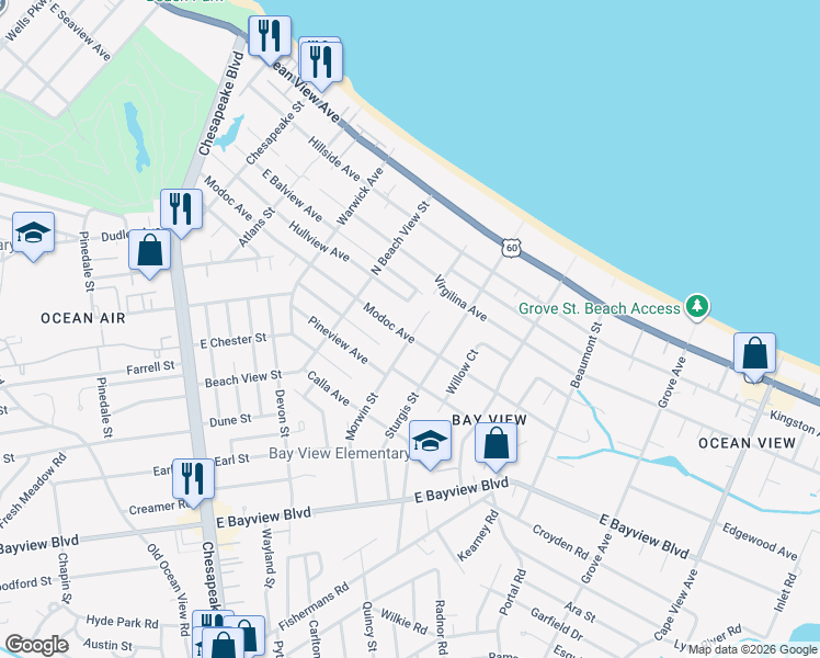 map of restaurants, bars, coffee shops, grocery stores, and more near 1356 Modoc Avenue in Norfolk
