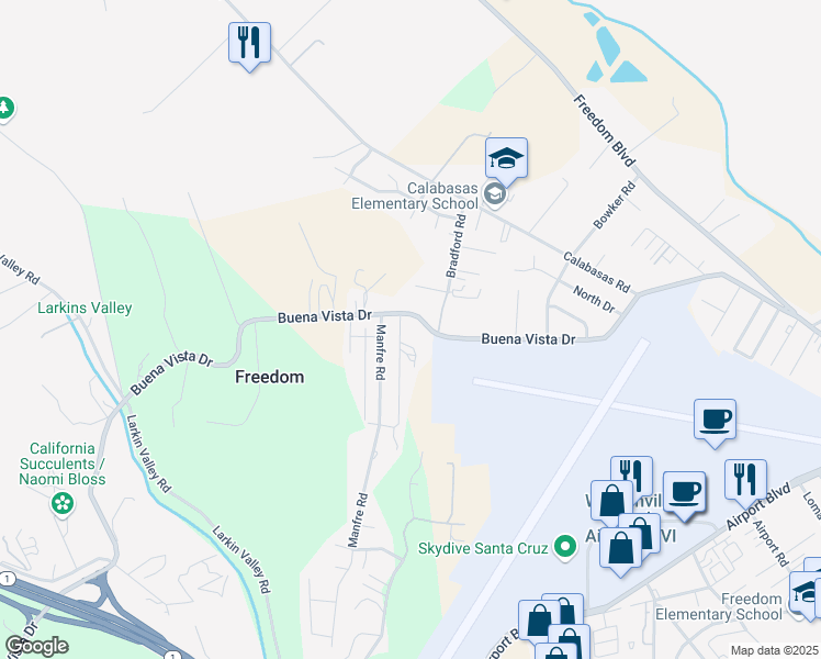map of restaurants, bars, coffee shops, grocery stores, and more near 25 Landen Lane in Watsonville