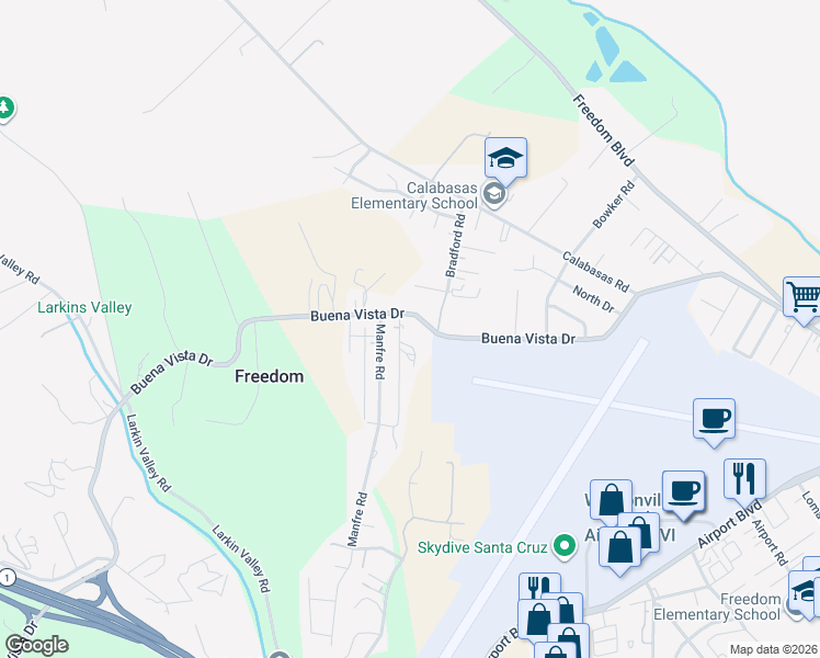 map of restaurants, bars, coffee shops, grocery stores, and more near 25 Landen Lane in Watsonville