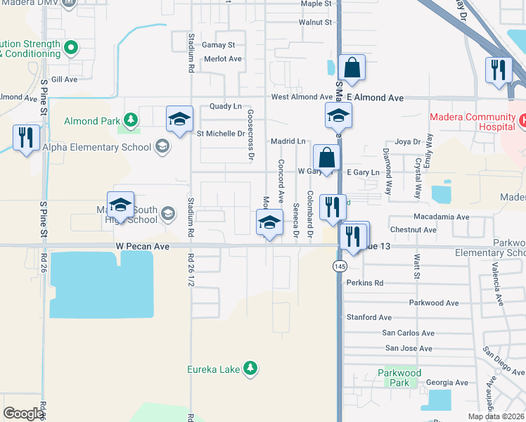 map of restaurants, bars, coffee shops, grocery stores, and more near 1291 Monterey Street in Madera