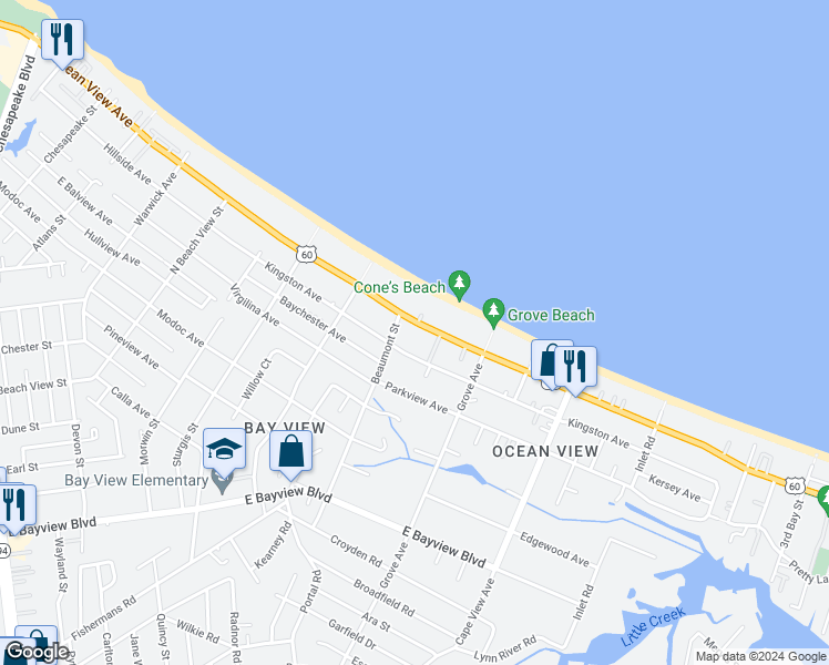 map of restaurants, bars, coffee shops, grocery stores, and more near 1614 U.S. 60 in Norfolk