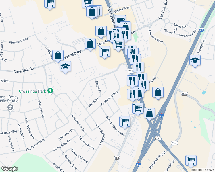 map of restaurants, bars, coffee shops, grocery stores, and more near 360 Pascoe Boulevard in Bowling Green