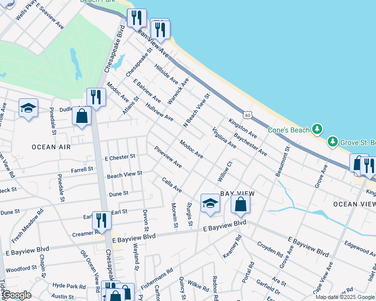 map of restaurants, bars, coffee shops, grocery stores, and more near 1331 Modoc Avenue in Norfolk