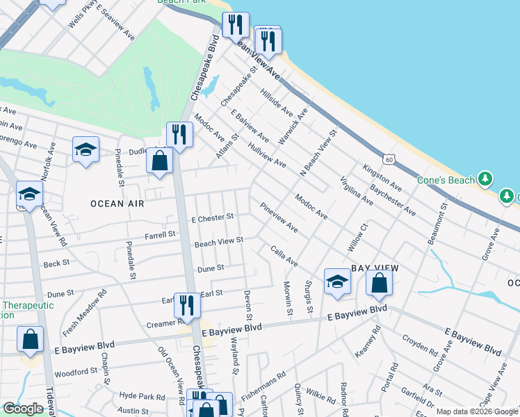 map of restaurants, bars, coffee shops, grocery stores, and more near 1214 Pineview Avenue in Norfolk
