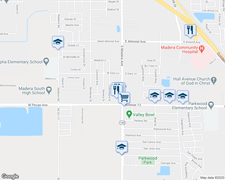map of restaurants, bars, coffee shops, grocery stores, and more near 1335 Colombard Drive in Madera