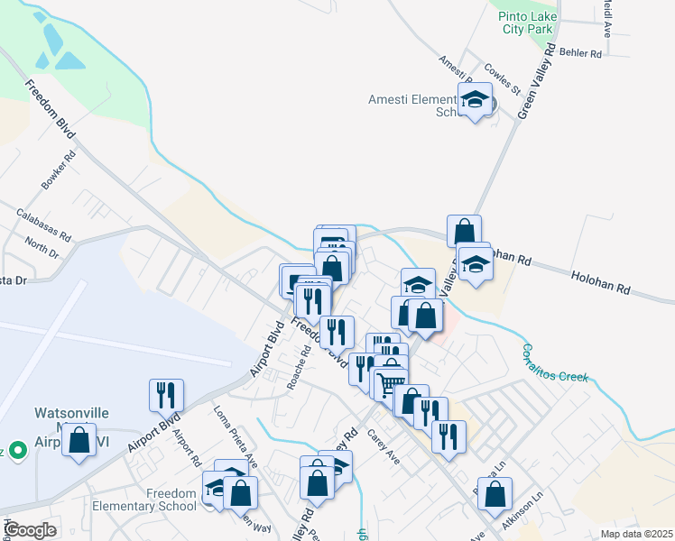 map of restaurants, bars, coffee shops, grocery stores, and more near in Watsonville