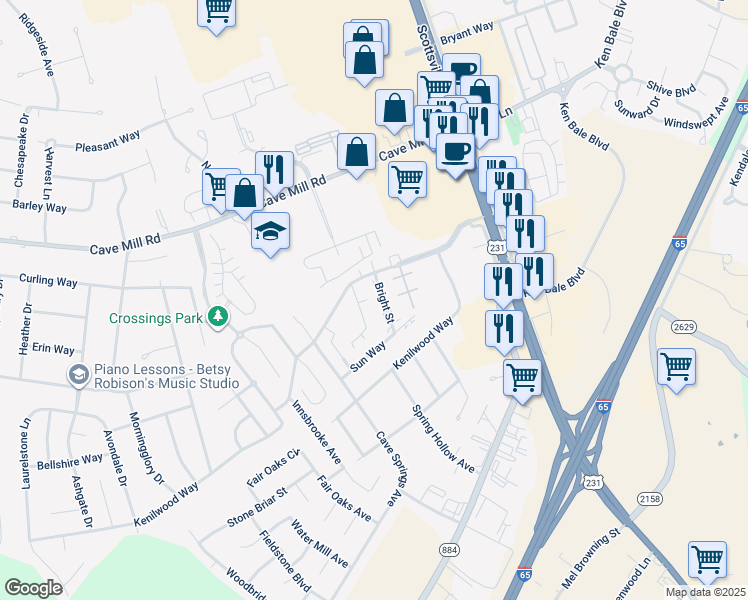 map of restaurants, bars, coffee shops, grocery stores, and more near 101 Bright Street in Bowling Green