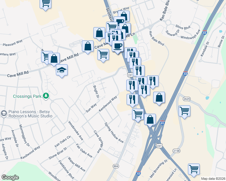 map of restaurants, bars, coffee shops, grocery stores, and more near 1281 Kenilwood Way in Bowling Green