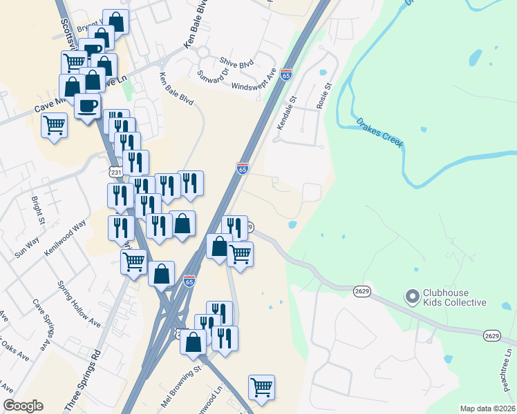 map of restaurants, bars, coffee shops, grocery stores, and more near 726 Cumberland Trace Road in Bowling Green
