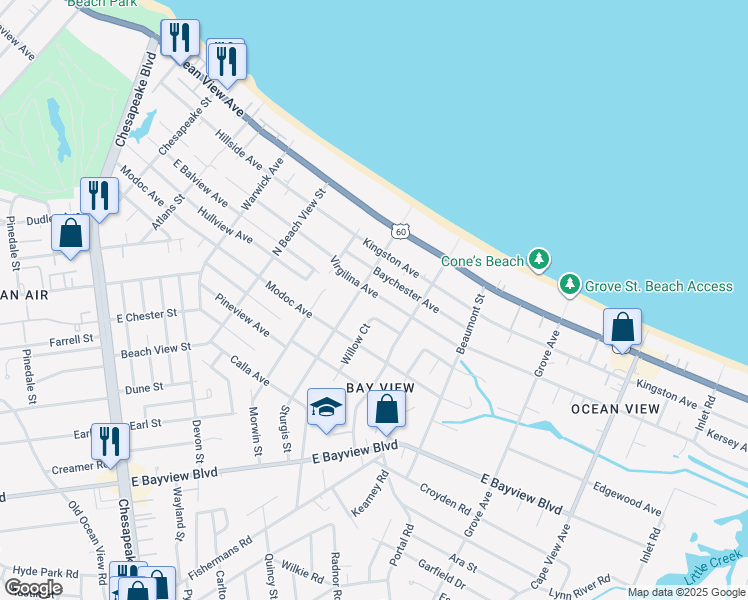map of restaurants, bars, coffee shops, grocery stores, and more near 1417 Baychester Avenue in Norfolk