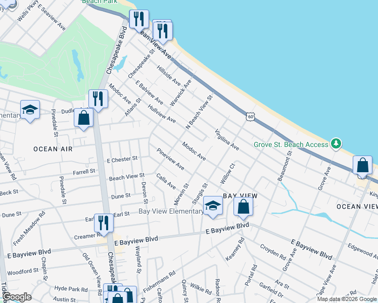 map of restaurants, bars, coffee shops, grocery stores, and more near 1326 Modoc Avenue in Norfolk