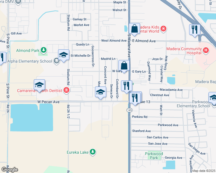 map of restaurants, bars, coffee shops, grocery stores, and more near 1295 Seneca Drive in Madera