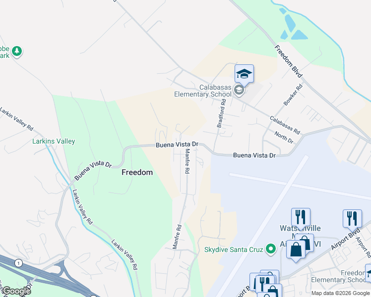map of restaurants, bars, coffee shops, grocery stores, and more near 611 Buena Vista Drive in Watsonville