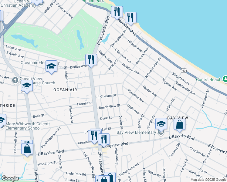 map of restaurants, bars, coffee shops, grocery stores, and more near 8922 Devon Street in Norfolk