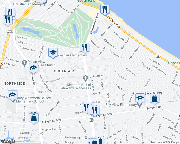 map of restaurants, bars, coffee shops, grocery stores, and more near 8932 Chesapeake Boulevard in Norfolk