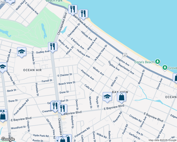 map of restaurants, bars, coffee shops, grocery stores, and more near 1301 Oak Park Avenue in Norfolk