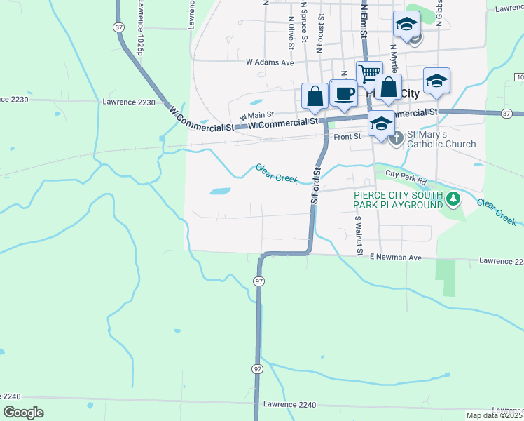 map of restaurants, bars, coffee shops, grocery stores, and more near 414 South Pine Street in Pierce City