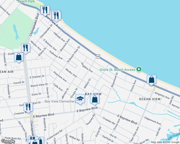 map of restaurants, bars, coffee shops, grocery stores, and more near 1375 Virgilina Avenue in Norfolk