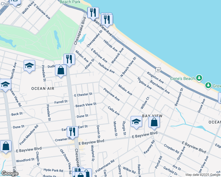 map of restaurants, bars, coffee shops, grocery stores, and more near 1233 Oak Park Avenue in Norfolk