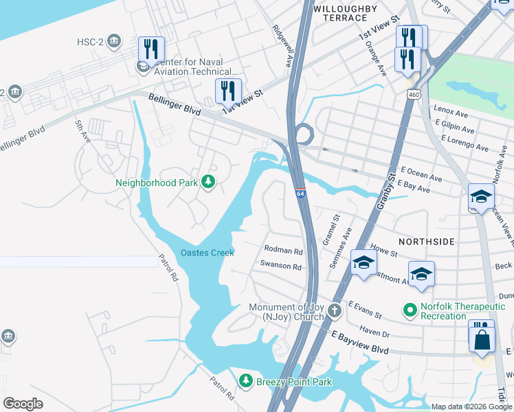 map of restaurants, bars, coffee shops, grocery stores, and more near 8817 Commodore Drive in Norfolk