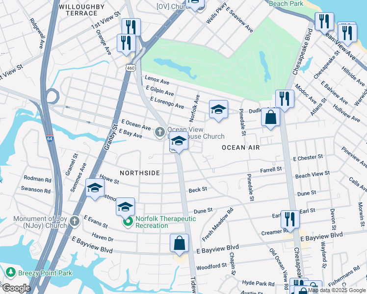 map of restaurants, bars, coffee shops, grocery stores, and more near 8947 Old Ocean View Road in Norfolk
