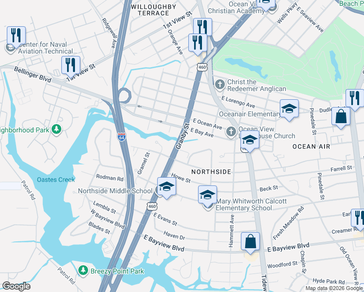 map of restaurants, bars, coffee shops, grocery stores, and more near 8922 Granby Street in Norfolk