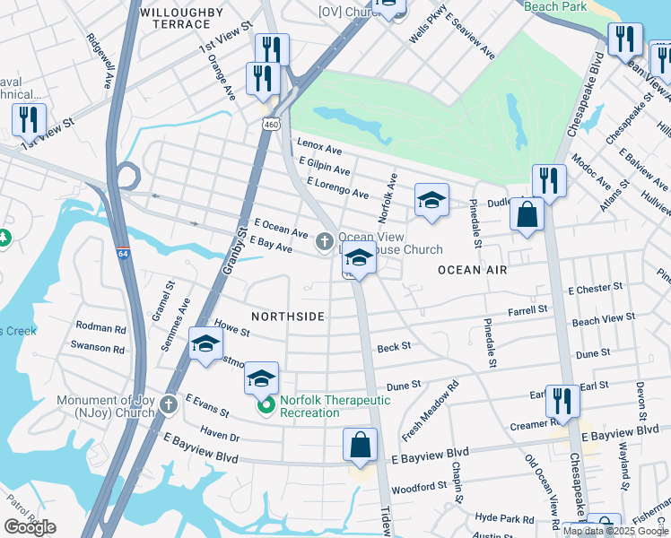 map of restaurants, bars, coffee shops, grocery stores, and more near 8952 Hammett Avenue in Norfolk