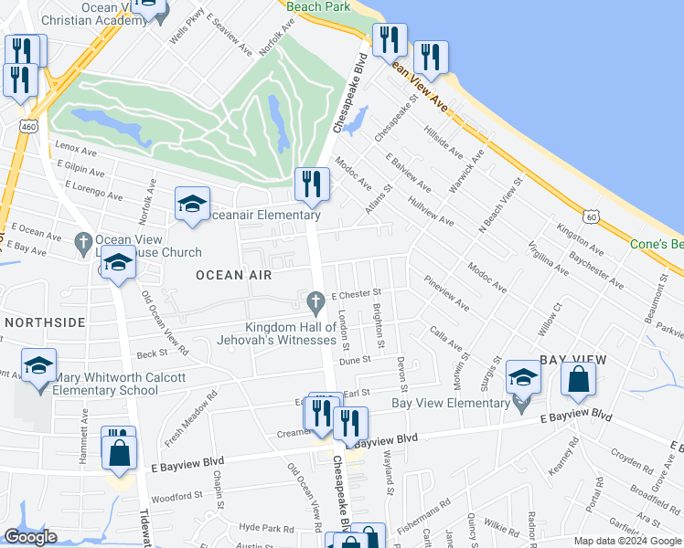 map of restaurants, bars, coffee shops, grocery stores, and more near 8924 London Street in Norfolk