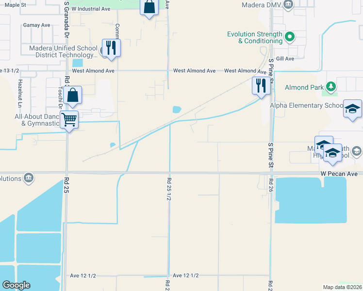 map of restaurants, bars, coffee shops, grocery stores, and more near in Madera
