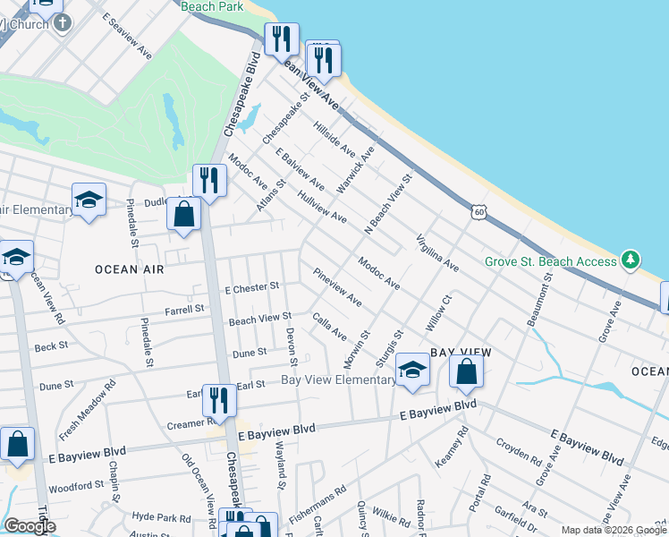 map of restaurants, bars, coffee shops, grocery stores, and more near 1236 Oak Park Avenue in Norfolk
