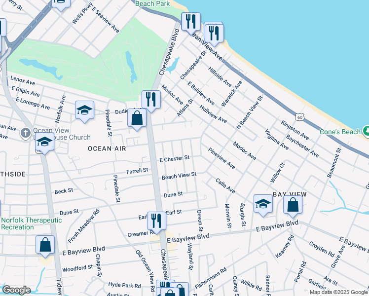 map of restaurants, bars, coffee shops, grocery stores, and more near 8922 Devon Street in Norfolk