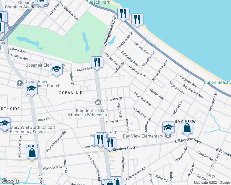 map of restaurants, bars, coffee shops, grocery stores, and more near 1037 Warwick Avenue in Norfolk
