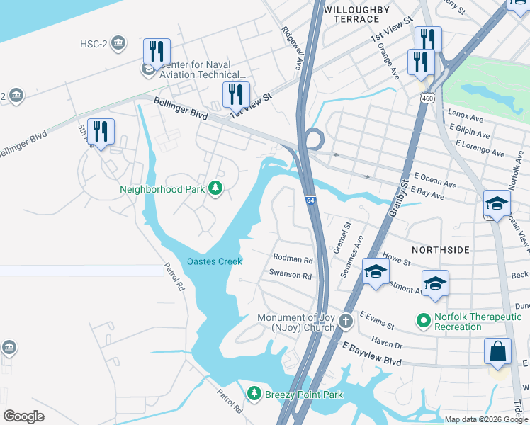 map of restaurants, bars, coffee shops, grocery stores, and more near 8817 Commodore Drive in Norfolk