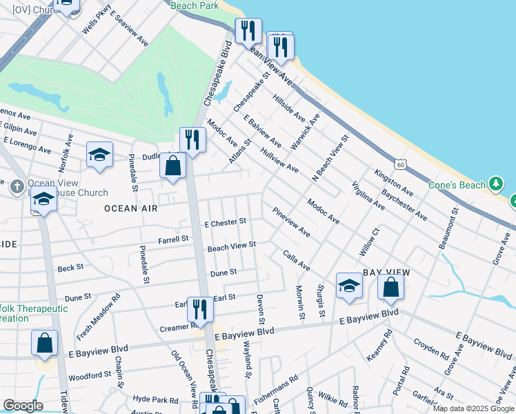 map of restaurants, bars, coffee shops, grocery stores, and more near 8913 Hastings Street in Norfolk