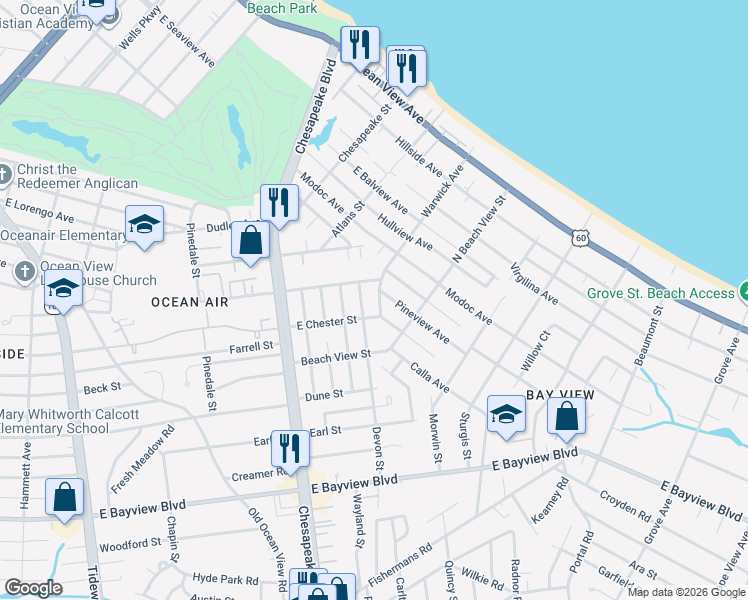 map of restaurants, bars, coffee shops, grocery stores, and more near 8922 Devon Street in Norfolk