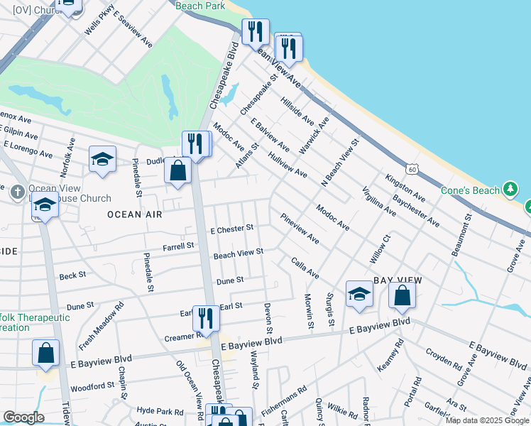 map of restaurants, bars, coffee shops, grocery stores, and more near 8913 Hastings Street in Norfolk