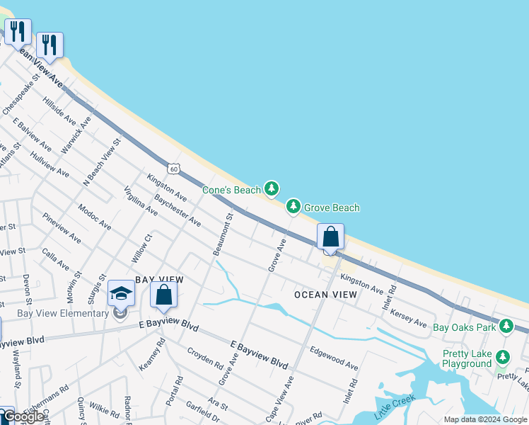 map of restaurants, bars, coffee shops, grocery stores, and more near 1700 East Ocean View Avenue in Norfolk