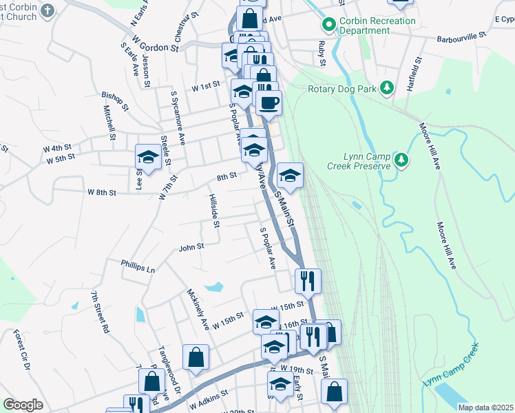 map of restaurants, bars, coffee shops, grocery stores, and more near 207 West 9th Street in Corbin