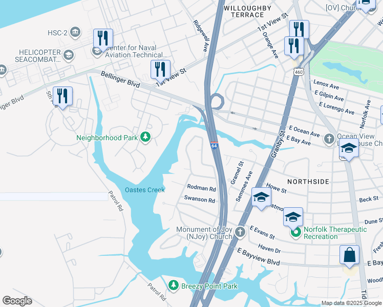 map of restaurants, bars, coffee shops, grocery stores, and more near 8814 Commodore Drive in Norfolk