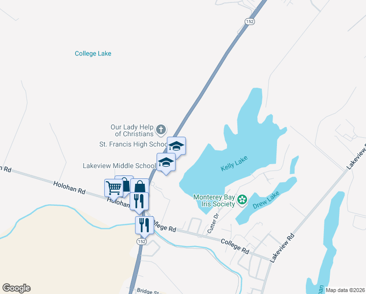 map of restaurants, bars, coffee shops, grocery stores, and more near 2400 East Lake Avenue in Watsonville