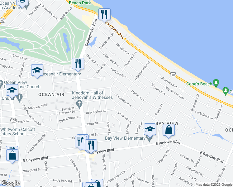 map of restaurants, bars, coffee shops, grocery stores, and more near 1218 Pineview Avenue in Norfolk