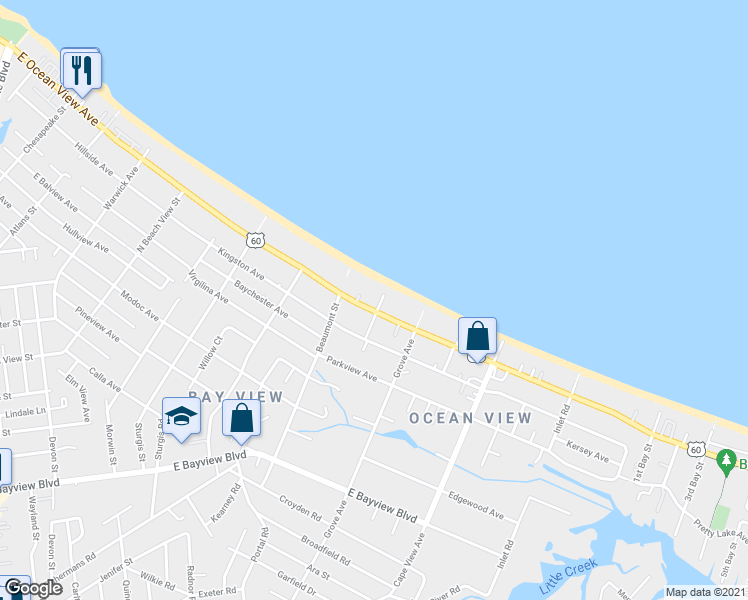 map of restaurants, bars, coffee shops, grocery stores, and more near 1700 East Ocean View Avenue in Norfolk