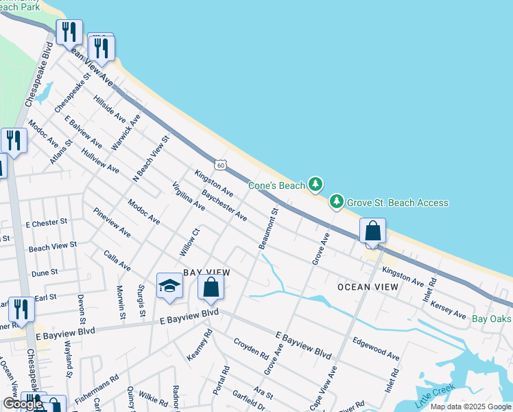 map of restaurants, bars, coffee shops, grocery stores, and more near 1527 East Ocean View Avenue in Norfolk