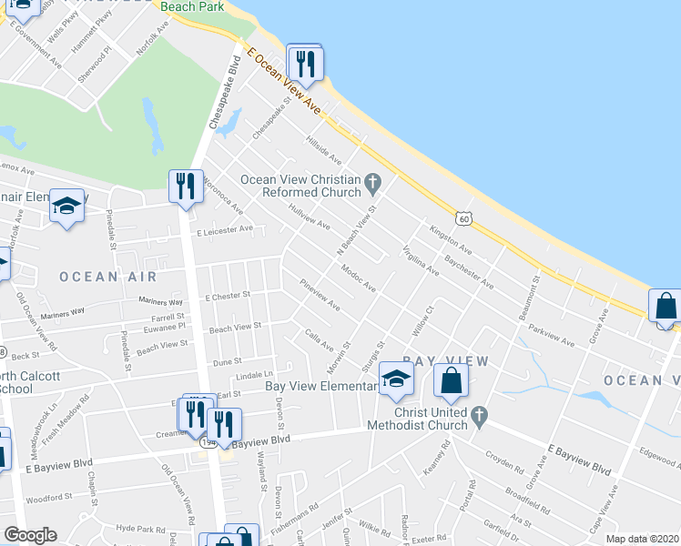 map of restaurants, bars, coffee shops, grocery stores, and more near 1236 Oak Park Avenue in Norfolk