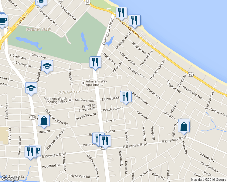 map of restaurants, bars, coffee shops, grocery stores, and more near 1037 Warwick Avenue in Norfolk