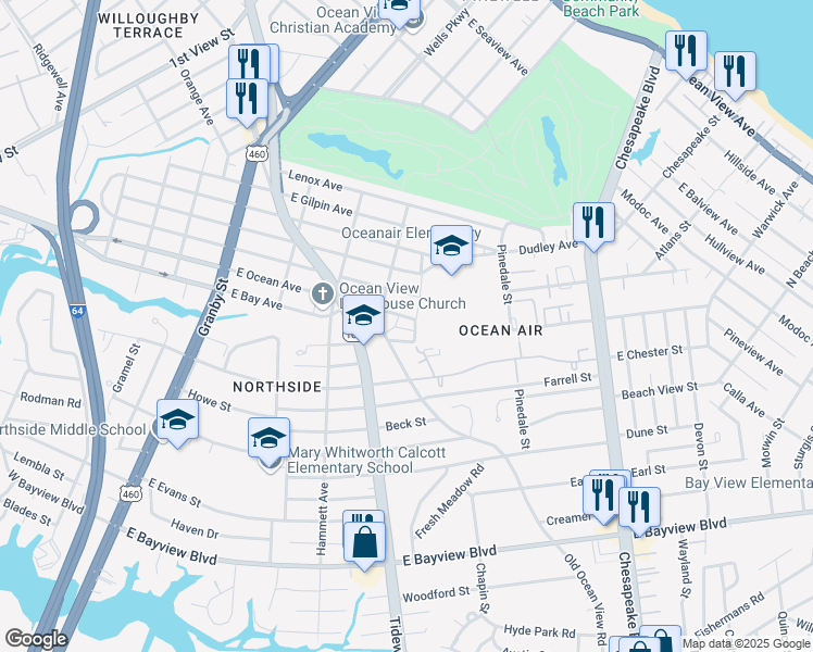 map of restaurants, bars, coffee shops, grocery stores, and more near 423 East Ocean Avenue in Norfolk